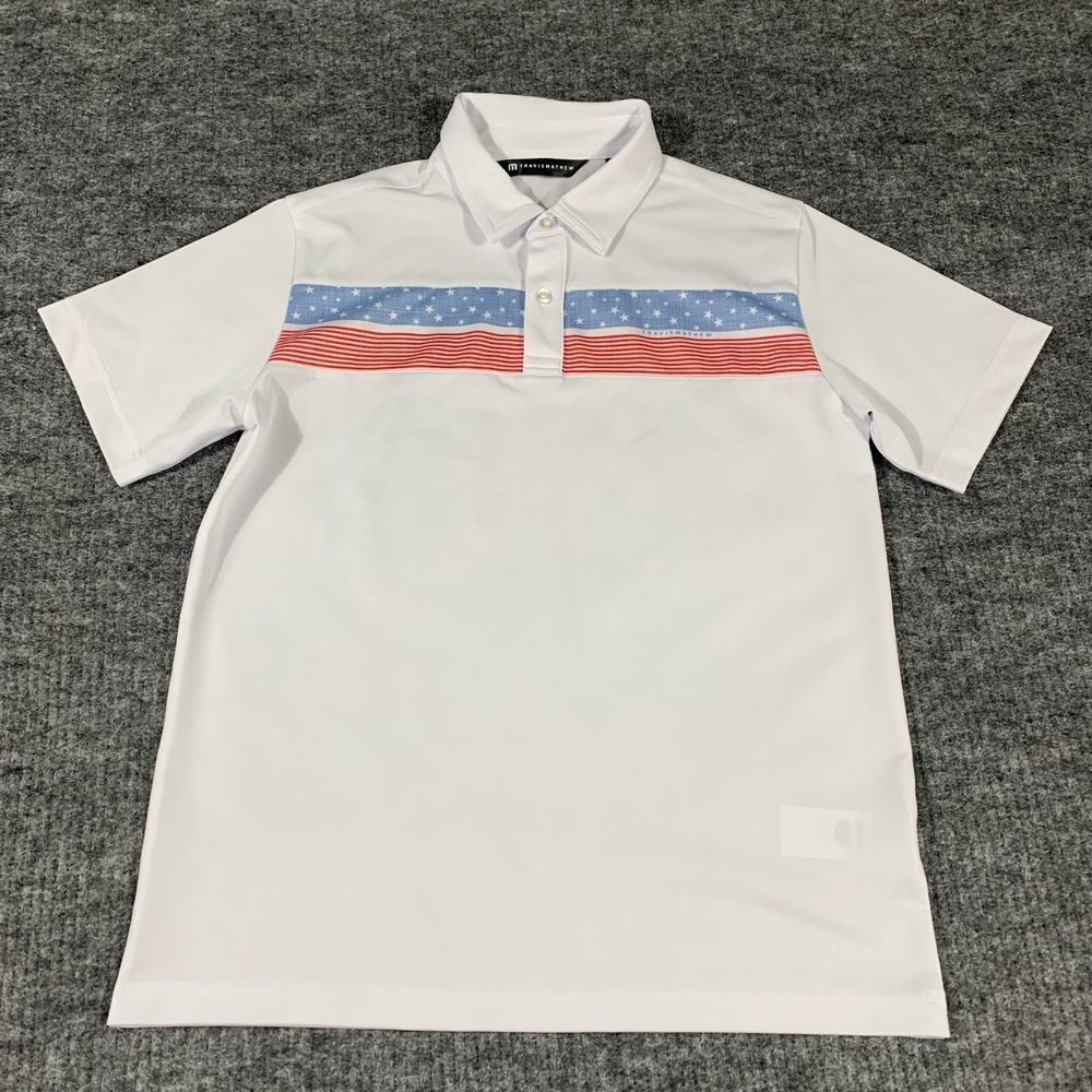 Travis Mathew Shirt Boys Large L White Golf USA Flag Striped Stars Performance